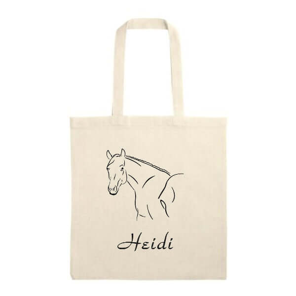Beutel 001 + Wunschname, personalisierte Baumwolltasche mit Pferdezeichnung in Naturfarbe, ideal zum Shoppen.