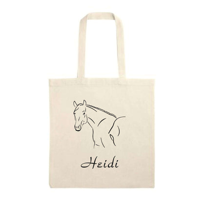 Beutel 001 + Wunschname Baumwolltasche mit Pferdemotiv und personalisiertem Namen, ideal für Einkäufe.
