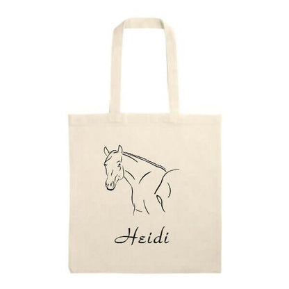 Beutel 001 + Wunschname, personalisierte Baumwolltasche mit Pferdezeichnung in Naturfarbe, ideal zum Shoppen.